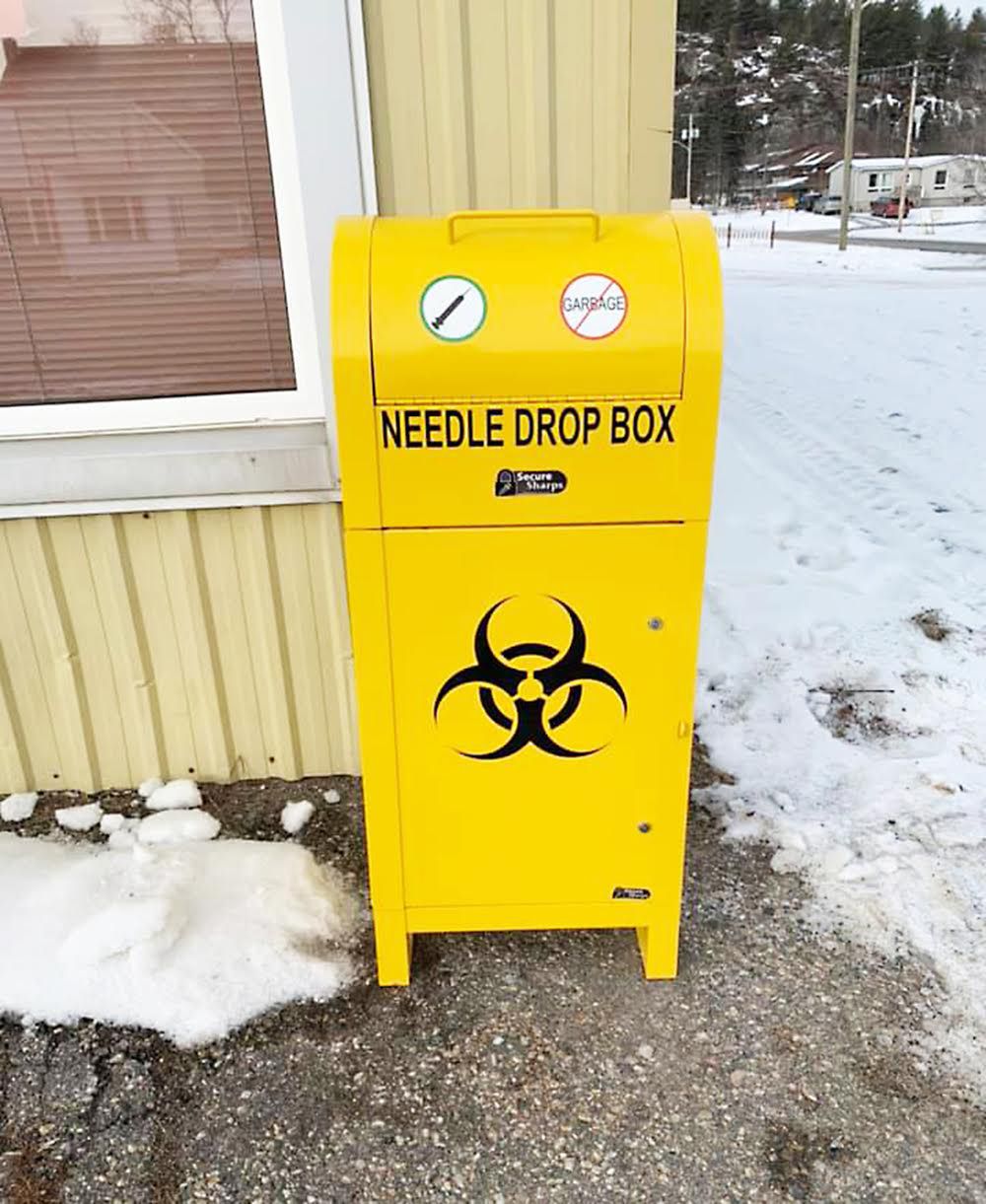 Needle Drop Box installed in front of bwood Public Library Sudbury