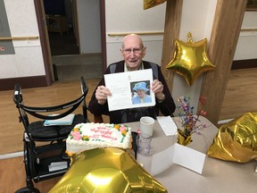 Emile Cyr celebrates his 100th birthday at Grove Manor with a greeting from Her Majesty The Queen. 
Submitted by St. Michael's Health Group.