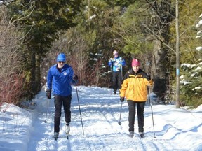 Mike and Franziska Edney ski at the Massie trails southeast of Owen Sound on Saturday, January 30, 2021. John Beisel can be seen rounding the bend behind them.