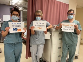 Health-care workers show their appreciation for equipment purchased with money from the Health Sciences North 50/50 Cash Lottery for the North. Photo supplied