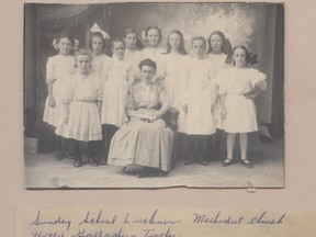 Lucknow Methodist Church girls Sunday School Class c. 1909. Teacher: Hattie Gallagher, Back row L-R: Cheylie Treleaven, Gladys Webster, Frances Webster, Grace Taylor, Eleda Moody, Jane McNeill. Front row L-R: Hazel Webster, Jane Armstrong, Ethel Armstrong, Freda Ferguson. SUBMITTED by Carol Bowyer