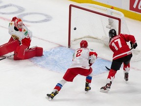 London Knights star Connor McMichael, No. 17 in red for Canada, scores against goaltender Yaroslav Askarov of Russia during the 2021 IIHF World Junior Championship semifinals at Rogers Place on January 4, 2021 in Edmonton. (Photo by Codie McLachlan/Getty Images)