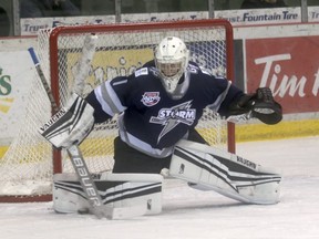 Grande Prairie Storm goaltender Garin Bjorklund in Alberta Junior Hockey League action against the Bonnyville Pontiacs at Revolution Place on Nov. 14. Storm president Murray Toews discusses the club’s intake plan when all the players start their migration back to the club in the coming days.