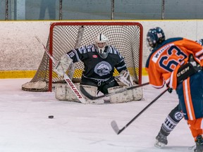 Photo courtesy NOJHL

Soo Thunderbirds forward Caleb Wood (right) lets fly on Espanola netminder Owen Willis in recent NOJHL action at John Rhodes Community Centre.