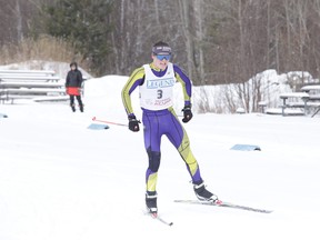 Kelly Thompson of the Lo-Ellen Knights heads for the finish line at the high school Nordic city championships at the Naughton Ski Trails  in Greater Sudbury, Ont. on Thursday February 8, 2018.
