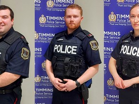 The three new cadets with the Timmins Police Service, from left, are Corey Bechard, Logan Ferrington and Ann-Eliza Lister.

Supplied