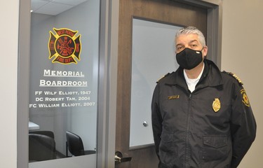Perth East/West Perth fire Chief Bill Hunter stands beside the 156 sq. ft. memorial board room honouring their fallen past members in the new West Perth fire station. ANDY BADER