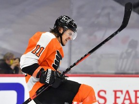 Philadelphia Flyers' Travis Konecny celebrates a goal against the Pittsburgh Penguins during the third period at Wells Fargo Center in Philadelphia on Wednesday, Jan. 13, 2021. (Eric Hartline-USA TODAY Sports)