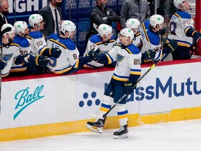 St. Louis Blues forward Jordan Kyrou (25) celebrates with the bench after his goal in the first period against the Colorado Avalanche at Ball Arena in Denver on Jan. 13, 2021. Isaiah J. Downing-USA TODAY Sports