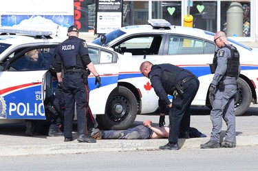 Greater Sudbury Police arrested two men following a standoff in Capreol, Ont. on Friday April 3, 2020, apprehending the second one in the parking lot of a local grocery store. John Lappa/Sudbury Star/Postmedia Network