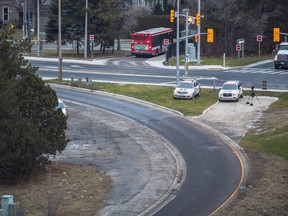 The westbound 401 ramp at Avenue Rd. where a tow truck was shot at overnight