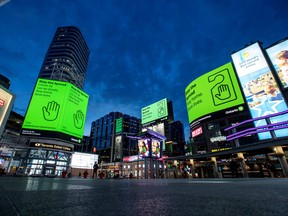 Yonge and Dundas Square. Police made three arrests on Saturday there or at Nathan Phillips Square.