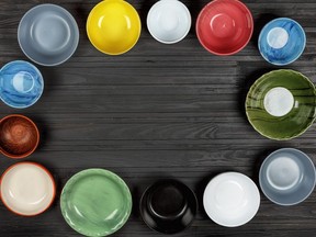 food, cooking, Multicolored bowls, utensils, concept, black table