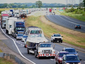 Traffic is backed up in the westbound lanes of Highway 401 in Chatham-Kent in this file photograph from August 2015. File photo/Postmedia Network