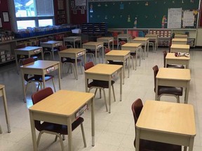 A classroom at Hillcrest Elementary School sits ready to welcome students back..