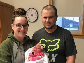 Kyla Johnston and Kyle Bosch with their newborn daughter, who was the first baby born in Grey-Bruce in 2021. The baby girl hasn't been named yet. SUPPLIED