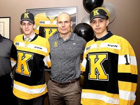 Kingston Frontenacs director of scouting Aaron Van Leusen with 2019 draft selections Maddox Callens and Francesco Arcuri in a May 2019 file photo.