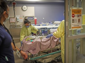 A COVID-19 patient at the intensive care unit at the Peter Lougheed Centre in Calgary on November 14, 2020. Photo by Leah Hennel/AHS
