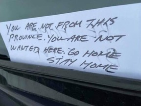 The terse note that Akwesasne resident Lila Lazore found on her car windshield the other day in Cornwall. Handout/Cornwall Standard-Freeholder/Postmedia Network

Handout Not For Resale