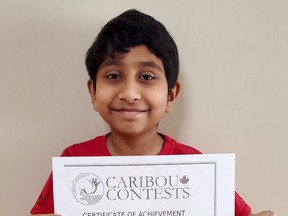 Nived Menon, 9, of Owen Sound, competed with high achievers in Canada and other countries and got a perfect score on an online math test last week. (Supplied photo)