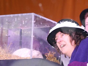 South Bruce Peninsula Mayor Janice Jackson leans next to Wiarton Willie on Groundhog Day in 2020. This year's prediction event will take place online. Denis Langlois/The Sun Times
