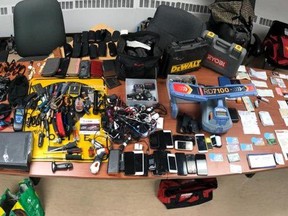 Some of the items seized earlier this month by provincial police after a two-month investigation into a rash of vehicle thefts and property crimes in Elgin, Oxford and Middlesex counties. (Supplied photo)