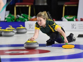 Sara Guy delivers a stone for the Northern Ontario junior team in this file photo.