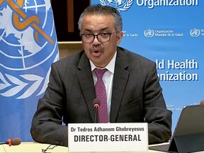 World Health Organization Director-General Tedros Adhanom Ghebreyesus during a news briefing via video link from the WHO headquarters in Geneva on Jan. 5.