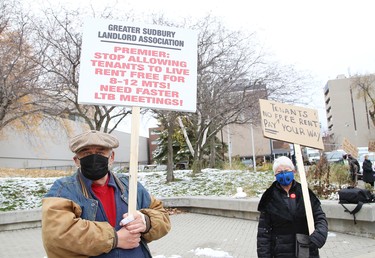 Merle Smith, left, participated in a protest with other local landlords in Sudbury, Ont. on Tuesday October 27, 2020. John Lappa/Sudbury Star/Postmedia Network