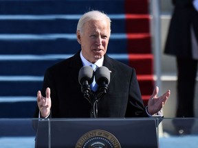 U.S. President Joe Biden delivers his inauguration speech Wednesday at the U.S. Capitol in Washington, DC. A panel of Canadian speechwriters says he's no soaring orator – but he didn't have to be to hit the right notes.
