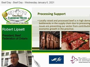 A screenshot of Rob Lipsett, president of the Beef Farmers of Ontario, speaking during the Grey Bruce Farmers' Week virtual conference and trade show on Wednesday.