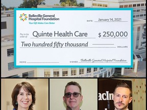 Quinte Health Care's new president and CEO Stacey Daub, Belleville General Hospital Foundation Chairman Mike Pretsell and BGHF Executive Director Steve Cook met for a virtual presentation of $250,000 from the BGHF, bringing total 2020 donations to QHC to $1.75 million for the purchase of priority medical equipment. SUBMITTED PHOTO
