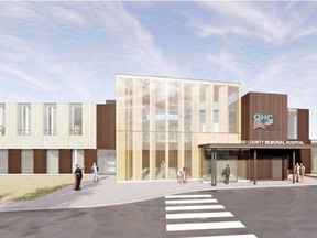 A conceptual drawing shows the new Prince Edward County Memorial Hospital in Picton. It is now scheduled to open in 2027.