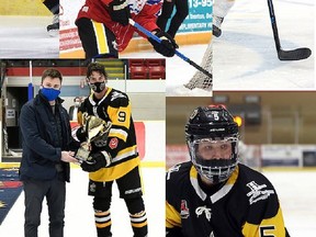 The COVID-19 pandemic has forced the Trenton Golden Hawks to trade four players to a pair of Maritime Junior Hockey League teams, while a fifth player will continue his development in the Eastern Hockey League in the United States. Top left - Marko Jakovljevic, top right - Wyatt George, centre - Kyle Robinson, bottom left - Griffen Fox, bottom right - Stefan Dobrich. OJHL IMAGES

Editorial Use