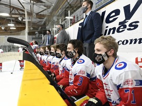 Trenton Golden Hawks donned Snowbirds jerseys for their Nov. 27 vs. the Wellington Dukes to hoour the late Capt. Jenn, Casey, who was a resident of Quinte West for six years. ANDY CORNEAU/OJHL IMAGES

Editorial Use