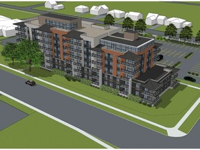 This is a drawing of a seven-storey apartment building proposed to be built next to the new No. 2 fire hall on Fairview Drive.