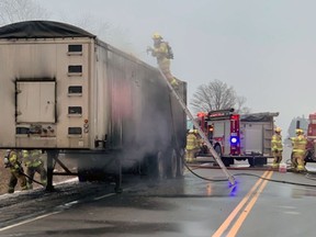 Brant firefighters respond to a tractor-trailer fire Thursday morning on Indian Line near Campbell Drive.