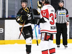 Brantford's Mike Crocock reacts after scoring his first goal for Tranas AIF in Sweden's HockeyEttan league.