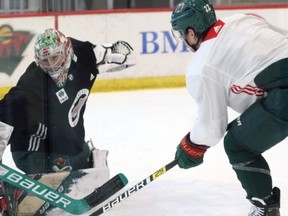 Brantford's Hunter Jones, shown making a save during the Minnesota Wild's NHL camp, will start the season in Iowa for the teams' American Hockey League affiliate.