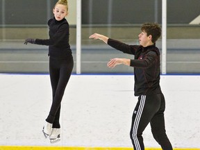 2019 national novice champions Lily Wilberforce and Aidan Wright practise at the Wayne Gretzky Sports Centre in Brantford.  The pair have moved up to the junior division.