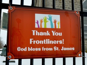 A sign at St. James Anglican Church in Maitland thanks front-line workers during the COVID-19 pandemic. (TIM RUHNKE/The Recorder and Times)