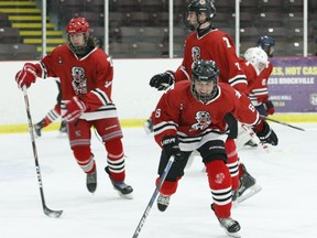 Jack Sloan and his Brockville teammates hit the Memorial Centre ice as the Tikis host the Athens Aeros in an EOJHL developmental scrimmage in December.
File photo/The Recorder and Times