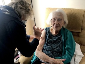 Verla Pacey, who is 103, has lived through the 1918 Spanish Flu Pandemic, two world wars, and now COVID-19, was among 77 residents and staff members at Stoneridge Manor Long Term Care Home in Carleton Place who received their first dose of the COVID-19 vaccine on Sunday. (SUBMITTED PHOTO)