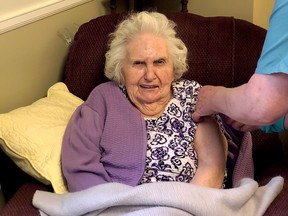 Betty McKinnon, a resident at St. Lawrence Lodge, gets her first dose of COVID-19 vaccine on Thursday. (SUBMITTED PHOTO)