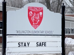 As students returned to school in the local area on Monday, a sign at Prescott's Wellington Elementary School reminded people to be cautious of COVID. (TIM RUHNKE/The Recorder and Times)