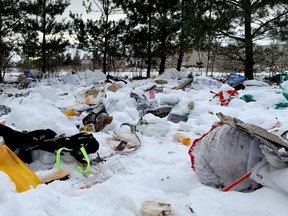 Debirs lies strewn across an abandoned encampment recently used by homeless people in Brockville's north end on Monday afternoon. (RONALD ZAJAC/The Recorder and Times)