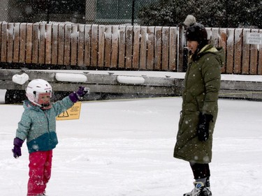 Three-year-old Edith Coombes gets some help from her mom, Vera, on the opening day of the Tunnel Bay rink on Tuesday. (RONALD ZAJAC/The Recorder and Times)