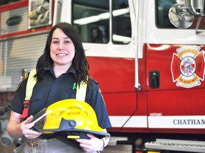 Whitney Burk, public educator for the Chatham-Kent Fire & Emergency Services, is shown at the downtown Chatham station in this April 2018 file photo. Burk presented a safety message to the Rotary Club of Chatham Sunrise Tuesday morning.