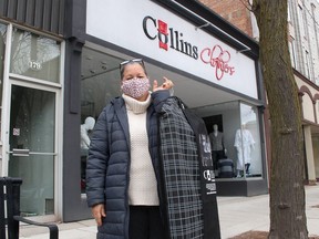 Offering curbside pick up is one of the many ways Patricia Robbins-Clark, owner of Collins Clothiers in downtown Chatham, has been adapting to the restrictions in place during the current COVID-19 pandemic. Ellwood Shreve/Chatham Daily News/Postmedia Network