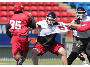 The Calgary Stampeders' Shane Bergman (middle) takes part in practice at McMahon Stadium in this photo from June 2015. File photo by Stuart Dryden/Postmedia.